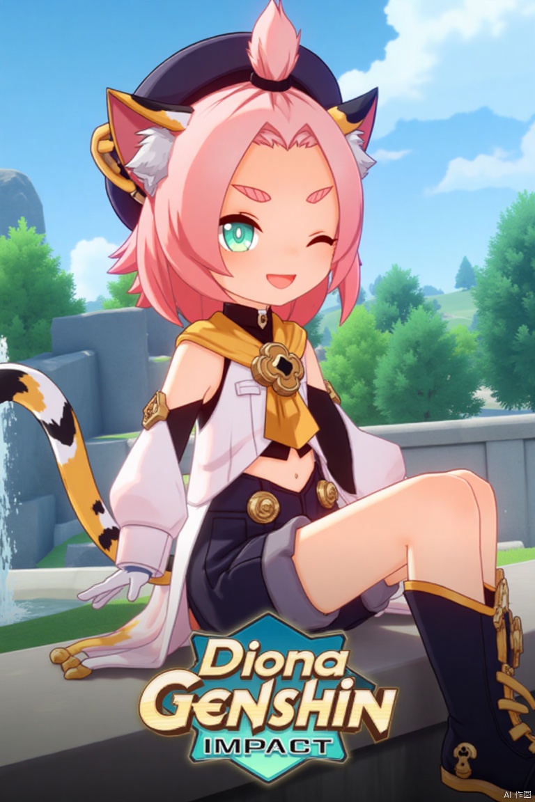 1girl, solo, looking at viewer, smiling, short hair, open mouth, white gloves, hat, navel, cat ears, sitting, green eyes, cat tail, pink hair, boots, outdoors, detached sleeves, one eye closed, black shorts, cat, thick eyebrows, animal ear fluff, paw print, bangs pinned back, puffy shorts, near a fountain, tree in background, Diona (Genshin Impact). Movie poster style, three-dimensional text AGlong in the middle below, vibrant lighting, detailed composition, cinematic framing, dynamic pose, colorful and lively atmosphere.