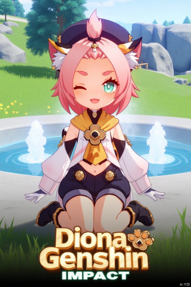 1girl, solo, looking at viewer, smiling, short hair, open mouth, white gloves, hat, navel, cat ears, sitting, green eyes, cat tail, pink hair, boots, outdoors, detached sleeves, one eye closed, black shorts, cat, thick eyebrows, animal ear fluff, paw print, bangs pinned back, puffy shorts, near a fountain, tree in background, Diona (Genshin Impact) theme. Movie poster style, three-dimensional text AGlong in the middle below, vibrant lighting, detailed composition, dynamic pose, cinematic framing, colorful and eye-catching design.