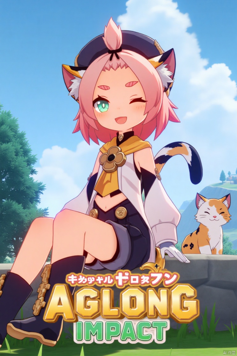1girl, solo, looking at viewer, smiling, short hair, open mouth, white gloves, hat, navel, cat ears, sitting, green eyes, cat tail, pink hair, boots, outdoors, detached sleeves, one eye closed, black shorts, cat, thick eyebrows, animal ear fluff, paw print, bangs pinned back, puffy shorts, near a fountain, tree in background, Diona (Genshin Impact) theme. Movie poster style, three-dimensional text AGlong in the middle below, vibrant lighting, detailed composition, dynamic pose, cinematic framing, colorful and eye-catching design.
