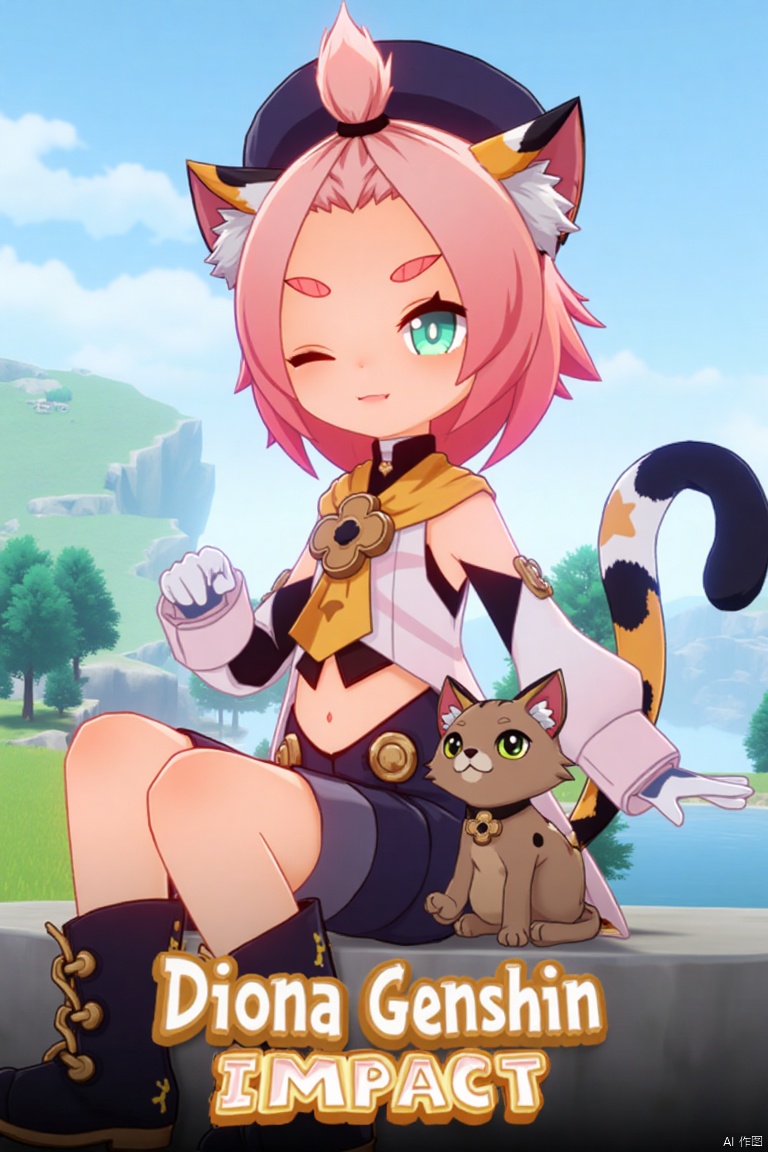 1girl, solo, looking at viewer, smiling, short hair, open mouth, white gloves, hat, navel, cat ears, sitting, green eyes, cat tail, pink hair, boots, outdoors, detached sleeves, one eye closed, black shorts, cat, thick eyebrows, animal ear fluff, paw print, bangs pinned back, puffy shorts, near a fountain, tree in background, Diona (Genshin Impact) theme. Movie poster style, three-dimensional text AGlong in the middle below, vibrant lighting, detailed composition, dynamic pose, cinematic framing, colorful and eye-catching design.