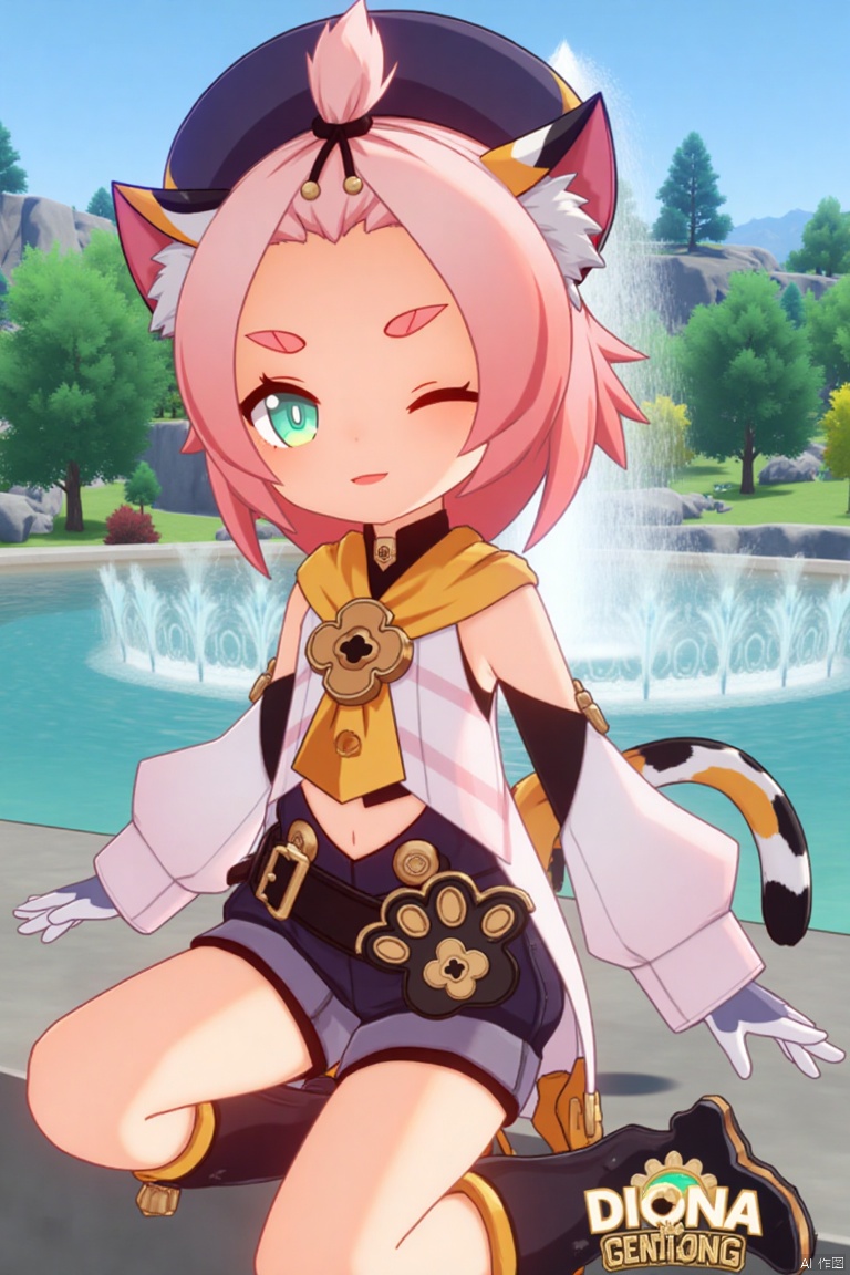 1girl, solo, looking at viewer, smiling, short hair, open mouth, white gloves, hat, navel, cat ears, sitting, green eyes, cat tail, pink hair, boots, outdoors, detached sleeves, one eye closed, black shorts, cat, thick eyebrows, animal ear fluff, paw print, bangs pinned back, puffy shorts, near a fountain, tree in background, Diona (Genshin Impact) theme. Movie poster style, three-dimensional text AGlong in the middle below, vibrant lighting, detailed composition, dynamic pose, cinematic framing, colorful and eye-catching design.