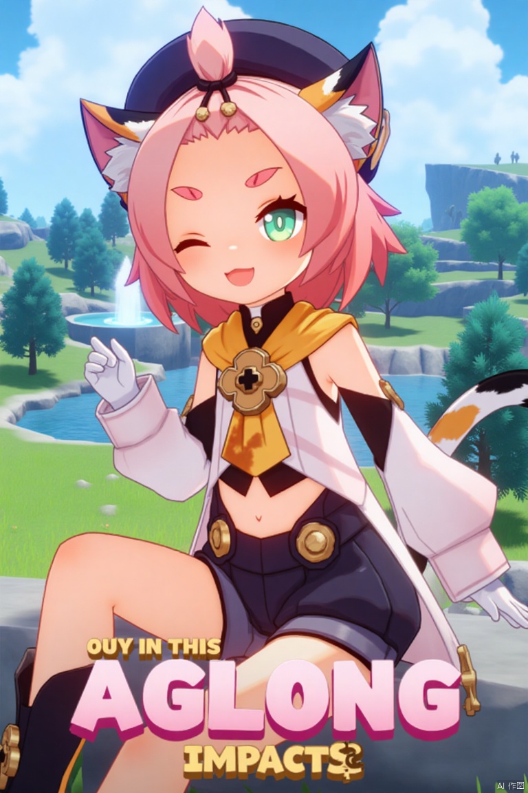 1girl, solo, looking at viewer, smiling, short hair, open mouth, white gloves, hat, navel, cat ears, sitting, green eyes, cat tail, pink hair, boots, outdoors, detached sleeves, one eye closed, black shorts, cat, thick eyebrows, animal ear fluff, paw print, bangs pinned back, puffy shorts, near a fountain, tree in background, Diona (Genshin Impact) theme. Movie poster style, three-dimensional text AGlong in the middle below, vibrant lighting, detailed composition, dynamic pose, cinematic framing, colorful and eye-catching design.