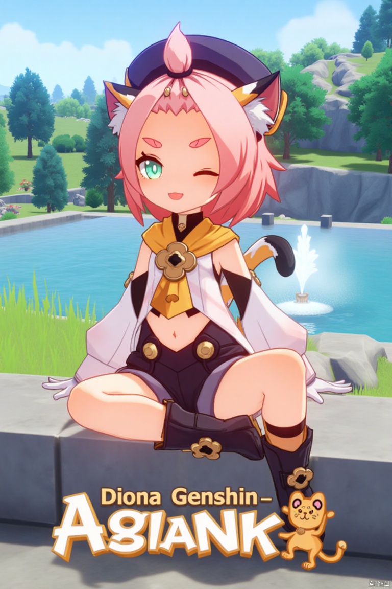 1girl, solo, looking at viewer, smiling, short hair, open mouth, white gloves, hat, navel, cat ears, sitting, green eyes, cat tail, pink hair, boots, outdoors, detached sleeves, one eye closed, black shorts, cat, thick eyebrows, animal ear fluff, paw print, bangs pinned back, puffy shorts, near a fountain, tree in background, Diona (Genshin Impact) theme. Movie poster style, three-dimensional text AGlong in the middle below, vibrant lighting, detailed composition, dynamic pose, cinematic framing, colorful and eye-catching design.