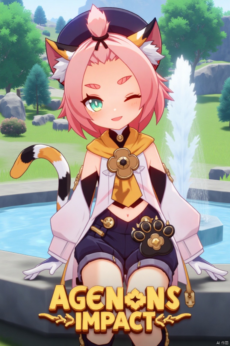 1girl, solo, looking at viewer, smiling, short hair, open mouth, white gloves, hat, navel, cat ears, sitting, green eyes, cat tail, pink hair, boots, outdoors, detached sleeves, one eye closed, black shorts, cat, thick eyebrows, animal ear fluff, paw print, bangs pinned back, puffy shorts, near a fountain, tree in background, Diona (Genshin Impact) theme. Movie poster style, three-dimensional text AGlong in the middle below, vibrant lighting, detailed composition, dynamic pose, cinematic framing, colorful and eye-catching design.