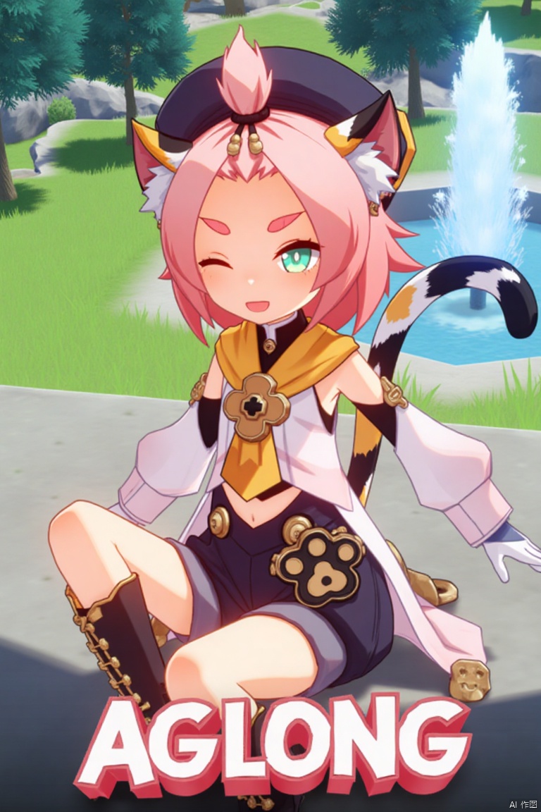 1girl, solo, looking at viewer, smiling, short hair, open mouth, white gloves, hat, navel, cat ears, sitting, green eyes, cat tail, pink hair, boots, outdoors, detached sleeves, one eye closed, black shorts, cat, thick eyebrows, animal ear fluff, paw print, bangs pinned back, puffy shorts, near a fountain, tree in background, Diona (Genshin Impact) theme. Movie poster style, three-dimensional text AGlong in the middle below, vibrant lighting, detailed composition, dynamic pose, cinematic framing, colorful and eye-catching design.