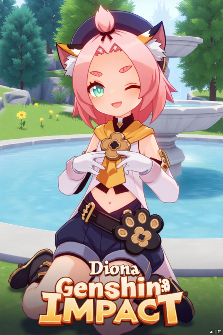 1girl, solo, looking at viewer, smiling, short hair, open mouth, white gloves, hat, navel, cat ears, sitting, green eyes, cat tail, pink hair, boots, outdoors, detached sleeves, one eye closed, black shorts, cat, thick eyebrows, animal ear fluff, paw print, bangs pinned back, puffy shorts, near a fountain, tree in background, Diona (Genshin Impact) theme. Movie poster style, three-dimensional text AGlong in the middle below, vibrant lighting, detailed composition, dynamic pose, cinematic framing, colorful and eye-catching design.