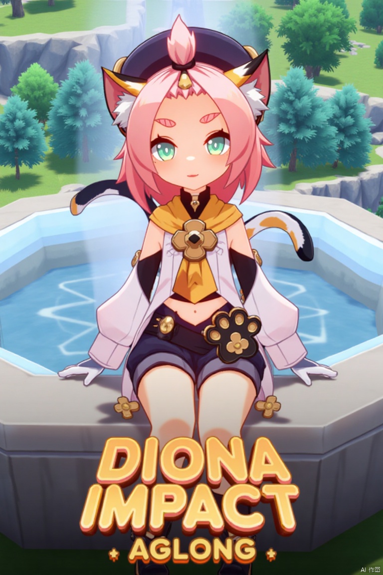 1girl, solo, looking at viewer, smiling, short hair, open mouth, white gloves, hat, navel, cat ears, sitting, green eyes, cat tail, pink hair, boots, outdoors, detached sleeves, one eye closed, black shorts, cat, thick eyebrows, animal ear fluff, paw print, bangs pinned back, puffy shorts, near a fountain, tree in background, Diona (Genshin Impact) theme. Movie poster style, three-dimensional text AGlong in the middle below, vibrant lighting, detailed composition, dynamic pose, cinematic framing, colorful and eye-catching design.