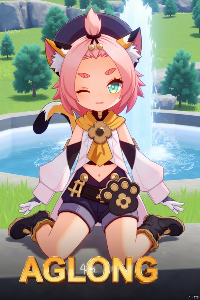 1girl, solo, looking at viewer, smiling, short hair, open mouth, white gloves, hat, navel, cat ears, sitting, green eyes, cat tail, pink hair, boots, outdoors, detached sleeves, one eye closed, black shorts, cat, thick eyebrows, animal ear fluff, paw print, bangs pinned back, puffy shorts, near a fountain, tree in background, Diona (Genshin Impact) theme. Movie poster style, three-dimensional text AGlong in the middle below, vibrant lighting, detailed composition, dynamic pose, cinematic framing, colorful and eye-catching design.