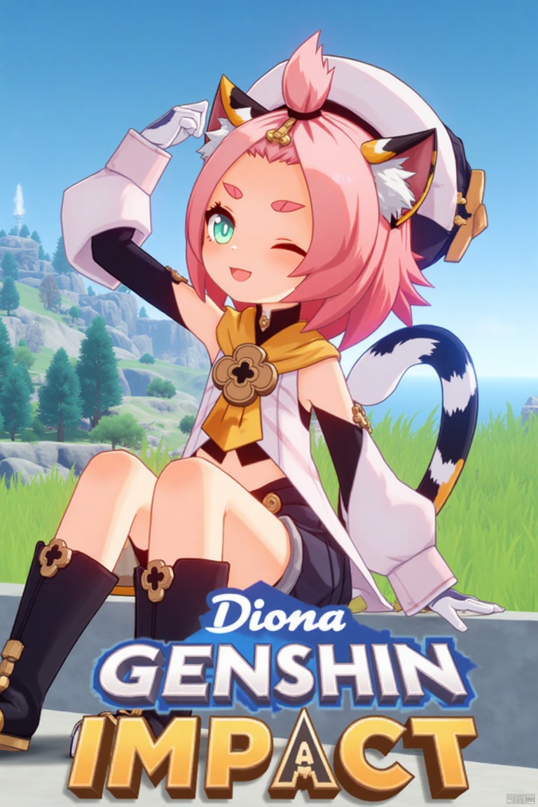 1girl, solo, looking at viewer, smiling, short hair, open mouth, white gloves, hat, navel, cat ears, sitting, green eyes, cat tail, pink hair, boots, outdoors, detached sleeves, one eye closed, black shorts, cat, thick eyebrows, animal ear fluff, paw print, bangs pinned back, puffy shorts, near a fountain, tree in background, Diona (Genshin Impact) theme. Movie poster style, three-dimensional text AGlong in the middle below, vibrant lighting, detailed composition, dynamic pose, cinematic framing, colorful and eye-catching design.