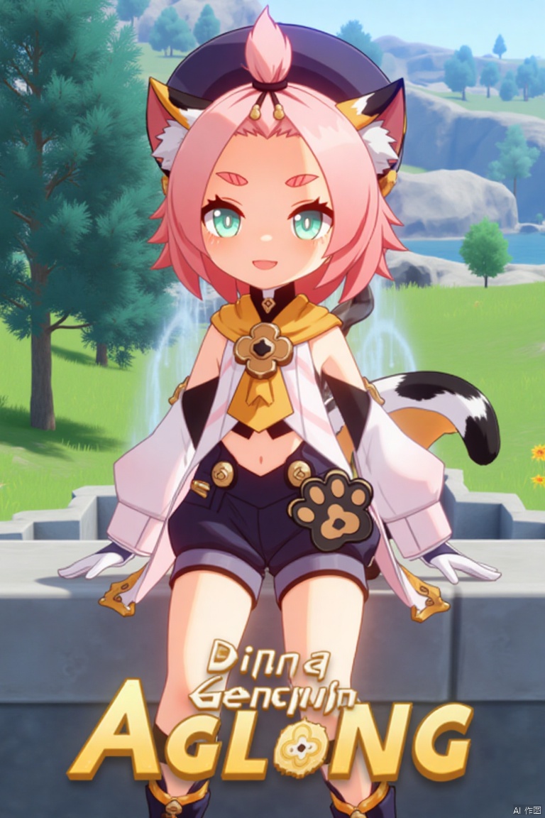 1girl, solo, looking at viewer, smiling, short hair, open mouth, white gloves, hat, navel, cat ears, sitting, green eyes, cat tail, pink hair, boots, outdoors, detached sleeves, one eye closed, black shorts, cat, thick eyebrows, animal ear fluff, paw print, bangs pinned back, puffy shorts, near a fountain, tree in background, Diona (Genshin Impact) theme. Movie poster style, three-dimensional text AGlong in the middle below, vibrant lighting, detailed composition, dynamic pose, cinematic framing, colorful and eye-catching design.