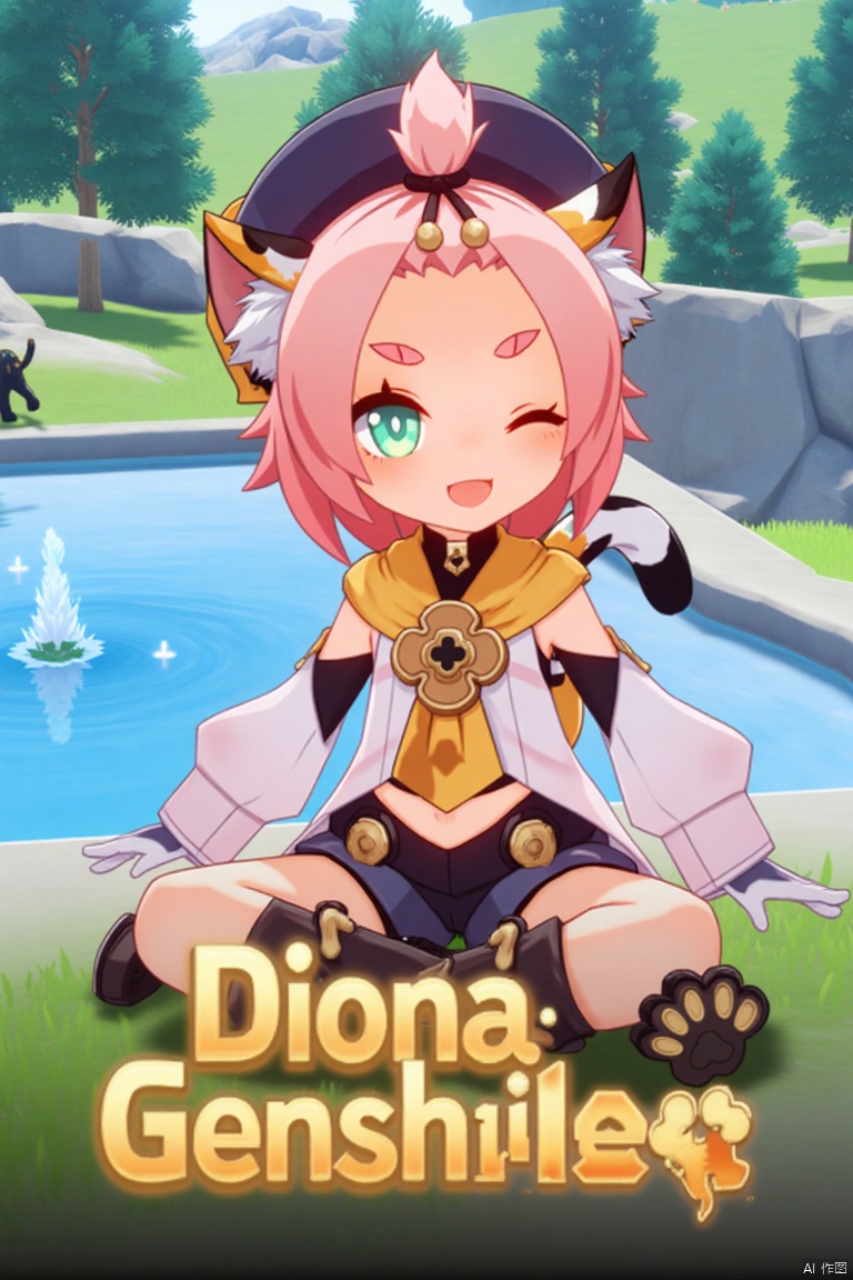 1girl, solo, looking at viewer, smiling, short hair, open mouth, white gloves, hat, navel, cat ears, sitting, green eyes, cat tail, pink hair, boots, outdoors, detached sleeves, one eye closed, black shorts, cat, thick eyebrows, animal ear fluff, paw print, bangs pinned back, puffy shorts, near a fountain, tree in background, Diona (Genshin Impact) theme. Movie poster style, three-dimensional text AGlong in the middle below, vibrant lighting, detailed composition, dynamic pose, cinematic framing, colorful and eye-catching design.