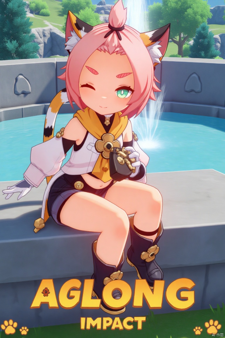 1girl, solo, sitting outdoors near a fountain, looking at viewer with a smile, one eye closed, short pink hair with bangs pinned back, green eyes, open mouth, cat ears with animal ear fluff, cat tail, navel exposed, wearing black shorts and puffy shorts, detached sleeves, white gloves, black boots with paw print details, holding a bag, thick eyebrows, cat girl theme, surrounded by a tree and paw prints, cinematic lighting, movie poster style with three-dimensional text AGlong in the middle below, inspired by Diona (Genshin Impact).