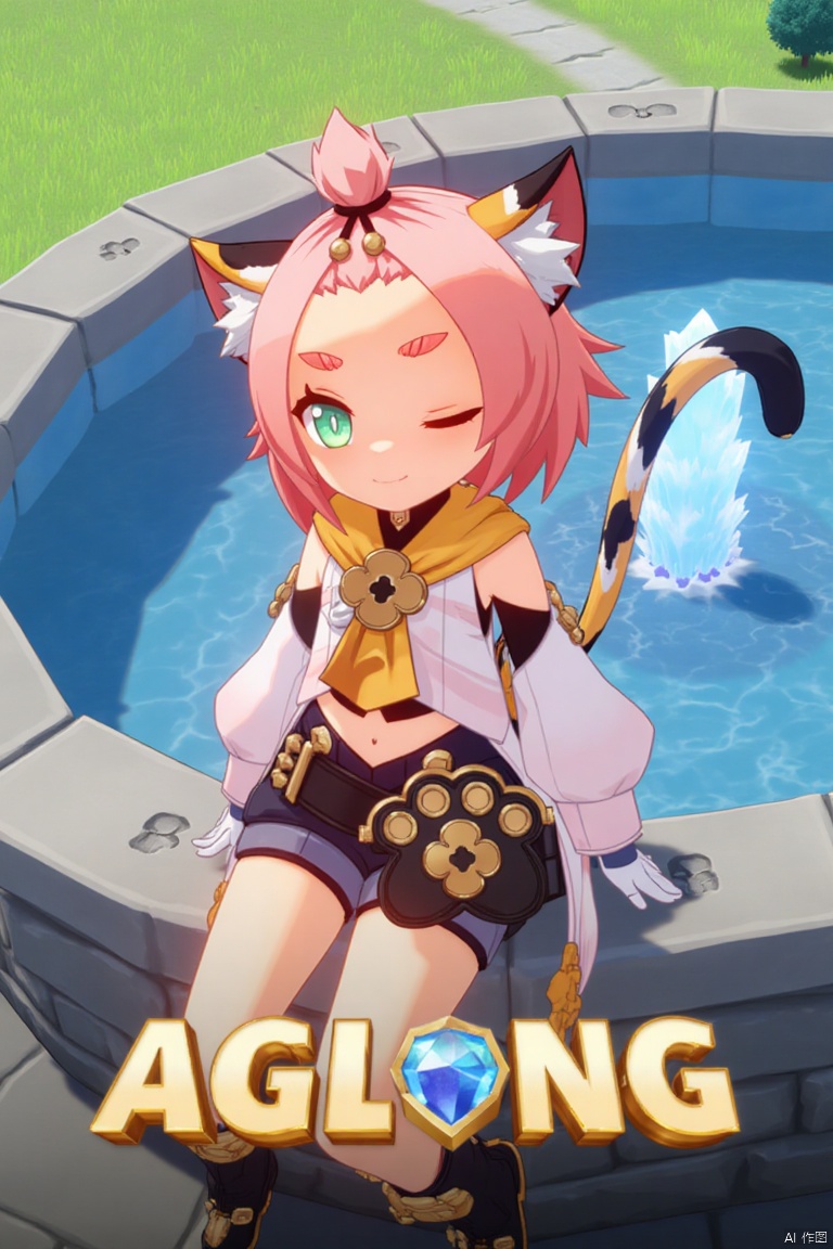 1girl, solo, sitting outdoors near a fountain, looking at viewer with a smile, one eye closed, short pink hair with bangs pinned back, green eyes, open mouth, cat ears with animal ear fluff, cat tail, navel exposed, wearing black shorts and puffy shorts, detached sleeves, white gloves, black boots with paw print details, holding a bag, thick eyebrows, cat girl theme, surrounded by a tree and paw prints, cinematic lighting, movie poster style with three-dimensional text AGlong in the middle below, inspired by Diona (Genshin Impact).