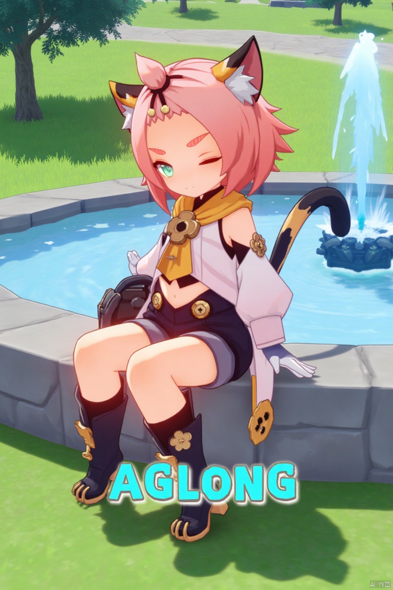 1girl, solo, sitting outdoors near a fountain, looking at viewer with a smile, one eye closed, short pink hair with bangs pinned back, green eyes, open mouth, cat ears with animal ear fluff, cat tail, navel exposed, wearing black shorts and puffy shorts, detached sleeves, white gloves, black boots with paw print details, holding a bag, thick eyebrows, cat girl theme, surrounded by a tree and paw prints, cinematic lighting, movie poster style with three-dimensional text AGlong in the middle below, inspired by Diona (Genshin Impact).