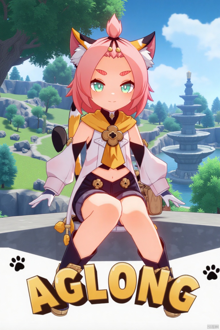 1girl, solo, sitting outdoors near a fountain, looking at viewer with a smile, one eye closed, short pink hair with bangs pinned back, green eyes, open mouth, cat ears with animal ear fluff, cat tail, navel exposed, wearing black shorts and puffy shorts, detached sleeves, white gloves, black boots with paw print details, holding a bag, thick eyebrows, cat girl theme, surrounded by a tree and paw prints, cinematic lighting, movie poster style with three-dimensional text AGlong in the middle below, inspired by Diona (Genshin Impact).