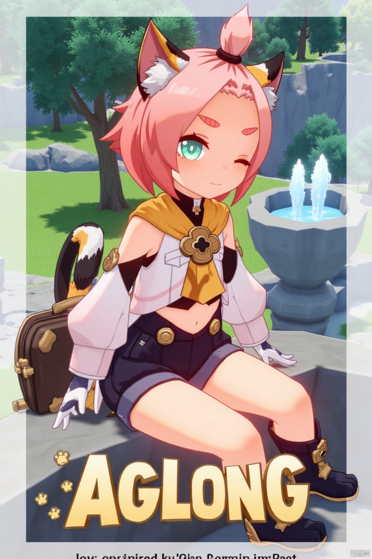 1girl, solo, sitting outdoors near a fountain, looking at viewer with a smile, one eye closed, short pink hair with bangs pinned back, green eyes, open mouth, cat ears with animal ear fluff, cat tail, navel exposed, wearing black shorts and puffy shorts, detached sleeves, white gloves, black boots with paw print details, holding a bag, thick eyebrows, cat girl theme, surrounded by a tree and paw prints, cinematic lighting, movie poster style with three-dimensional text AGlong in the middle below, inspired by Diona (Genshin Impact).