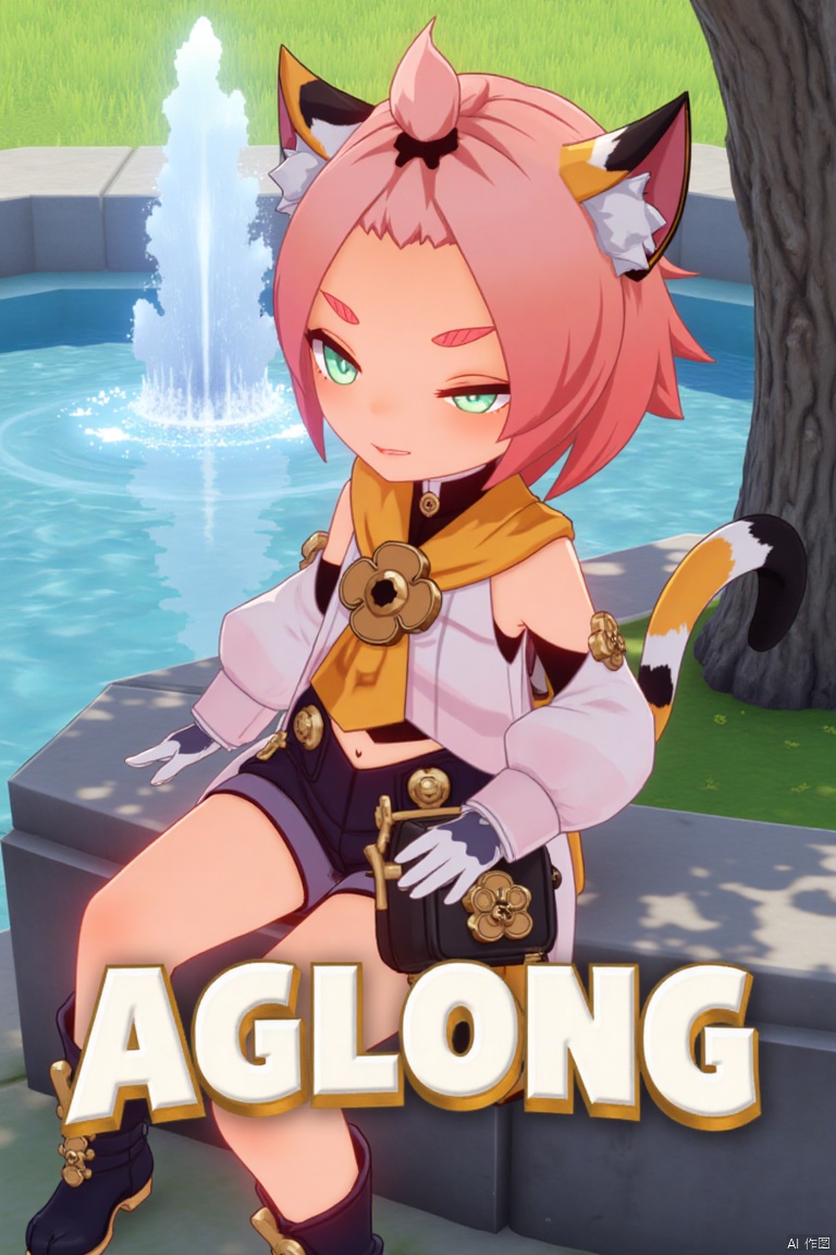 1girl, solo, sitting outdoors near a fountain, looking at viewer with a smile, one eye closed, short pink hair with bangs pinned back, green eyes, open mouth, cat ears with animal ear fluff, cat tail, navel exposed, wearing black shorts and puffy shorts, detached sleeves, white gloves, black boots with paw print details, holding a bag, thick eyebrows, cat girl theme, surrounded by a tree and paw prints, cinematic lighting, movie poster style with three-dimensional text AGlong in the middle below, inspired by Diona (Genshin Impact).