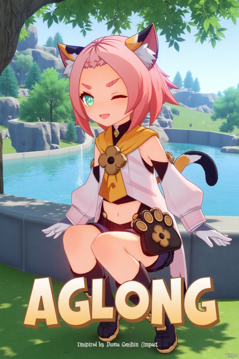 1girl, solo, sitting outdoors near a fountain, looking at viewer with a smile, one eye closed, short pink hair with bangs pinned back, green eyes, open mouth, cat ears with animal ear fluff, cat tail, navel exposed, wearing black shorts and puffy shorts, detached sleeves, white gloves, black boots with paw print details, holding a bag, thick eyebrows, cat girl theme, surrounded by a tree and paw prints, cinematic lighting, movie poster style with three-dimensional text AGlong in the middle below, inspired by Diona (Genshin Impact).