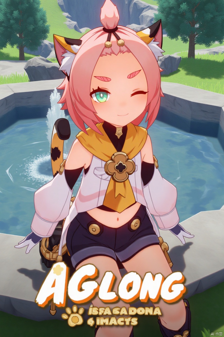 1girl, solo, sitting outdoors near a fountain, looking at viewer with a smile, one eye closed, short pink hair with bangs pinned back, green eyes, open mouth, cat ears with animal ear fluff, cat tail, navel exposed, wearing black shorts and puffy shorts, detached sleeves, white gloves, black boots with paw print details, holding a bag, thick eyebrows, cat girl theme, surrounded by a tree and paw prints, cinematic lighting, movie poster style with three-dimensional text AGlong in the middle below, inspired by Diona (Genshin Impact).