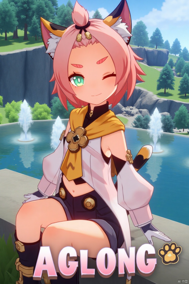 1girl, solo, sitting outdoors near a fountain, looking at viewer with a smile, one eye closed, short pink hair with bangs pinned back, green eyes, open mouth, cat ears with animal ear fluff, cat tail, navel exposed, wearing black shorts and puffy shorts, detached sleeves, white gloves, black boots with paw print details, holding a bag, thick eyebrows, cat girl theme, surrounded by a tree and paw prints, cinematic lighting, movie poster style with three-dimensional text AGlong in the middle below, inspired by Diona (Genshin Impact).