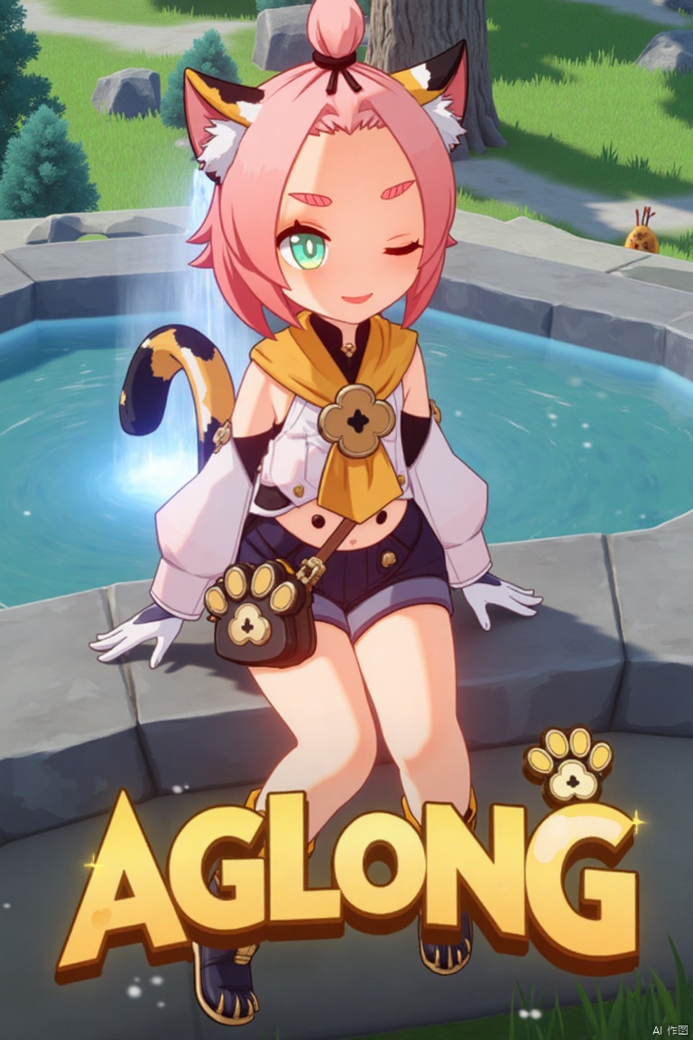 1girl, solo, sitting outdoors near a fountain, looking at viewer with a smile, one eye closed, short pink hair with bangs pinned back, green eyes, open mouth, cat ears with animal ear fluff, cat tail, navel exposed, wearing black shorts and puffy shorts, detached sleeves, white gloves, black boots with paw print details, holding a bag, thick eyebrows, cat girl theme, surrounded by a tree and paw prints, cinematic lighting, movie poster style with three-dimensional text AGlong in the middle below, inspired by Diona (Genshin Impact).