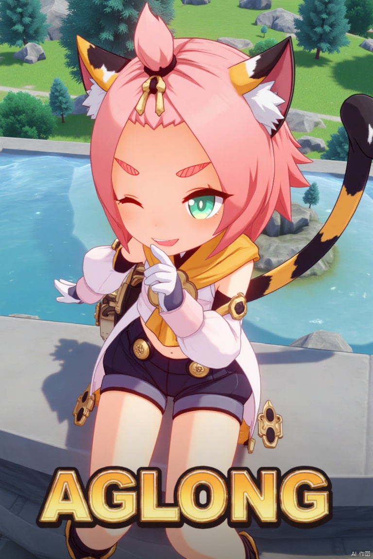 1girl, solo, sitting outdoors near a fountain, looking at viewer with a smile, one eye closed, short pink hair with bangs pinned back, green eyes, open mouth, cat ears with animal ear fluff, cat tail, navel exposed, wearing black shorts and puffy shorts, detached sleeves, white gloves, black boots with paw print details, holding a bag, thick eyebrows, cat girl theme, surrounded by a tree and paw prints, cinematic lighting, movie poster style with three-dimensional text AGlong in the middle below, inspired by Diona (Genshin Impact).