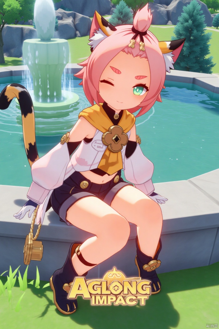 1girl, solo, sitting outdoors near a fountain, looking at viewer with a smile, one eye closed, short pink hair with bangs pinned back, green eyes, open mouth, cat ears with animal ear fluff, cat tail, navel exposed, wearing black shorts and puffy shorts, detached sleeves, white gloves, black boots with paw print details, holding a bag, thick eyebrows, cat girl theme, surrounded by a tree and paw prints, cinematic lighting, movie poster style with three-dimensional text AGlong in the middle below, inspired by Diona (Genshin Impact).