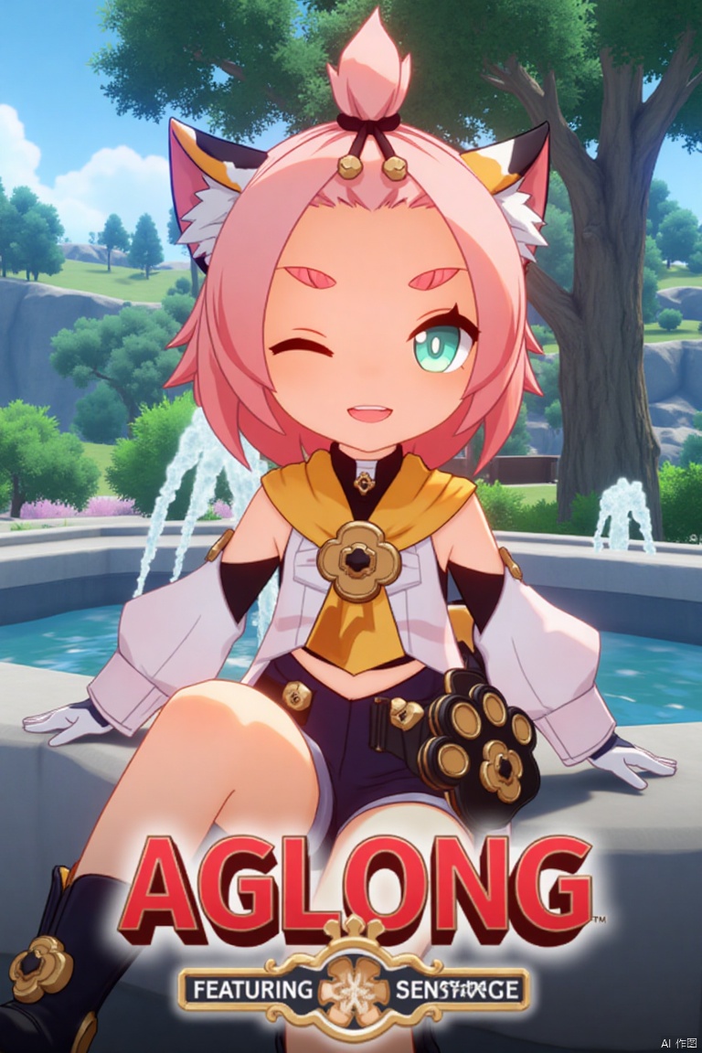 1girl, solo, looking at viewer, smiling with open mouth, short pink hair with bangs pinned back, green eyes, one eye closed, thick eyebrows, cat ears with animal ear fluff, cat tail, sitting outdoors near a fountain, wearing black shorts, puffy shorts, detached sleeves, white gloves, black boots, holding a bag with paw print, surrounded by a tree, cinematic lighting, dynamic composition, movie poster style, three-dimensional text AGlong in the middle below, featuring Diona (Genshin Impact) theme.