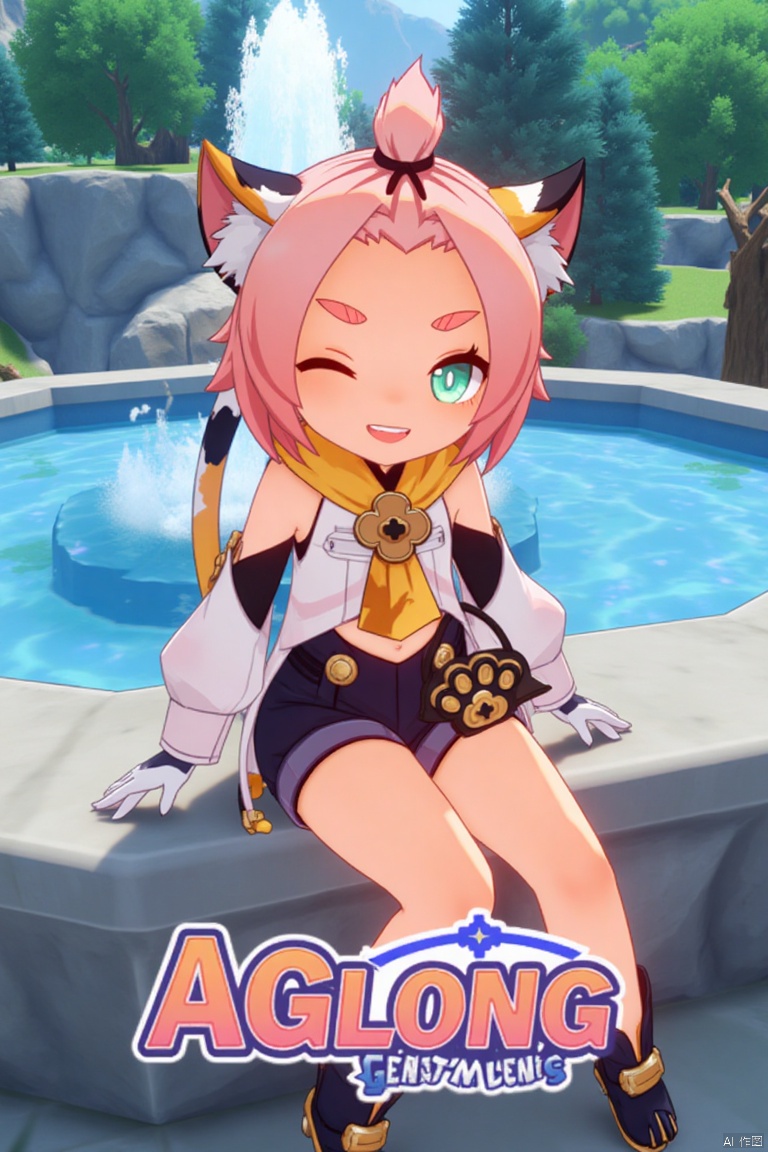 1girl, solo, looking at viewer, smiling with open mouth, short pink hair with bangs pinned back, green eyes, one eye closed, thick eyebrows, cat ears with animal ear fluff, cat tail, sitting outdoors near a fountain, wearing black shorts, puffy shorts, detached sleeves, white gloves, black boots, holding a bag with paw print, surrounded by a tree, cinematic lighting, dynamic composition, movie poster style, three-dimensional text AGlong in the middle below, featuring Diona (Genshin Impact) theme.