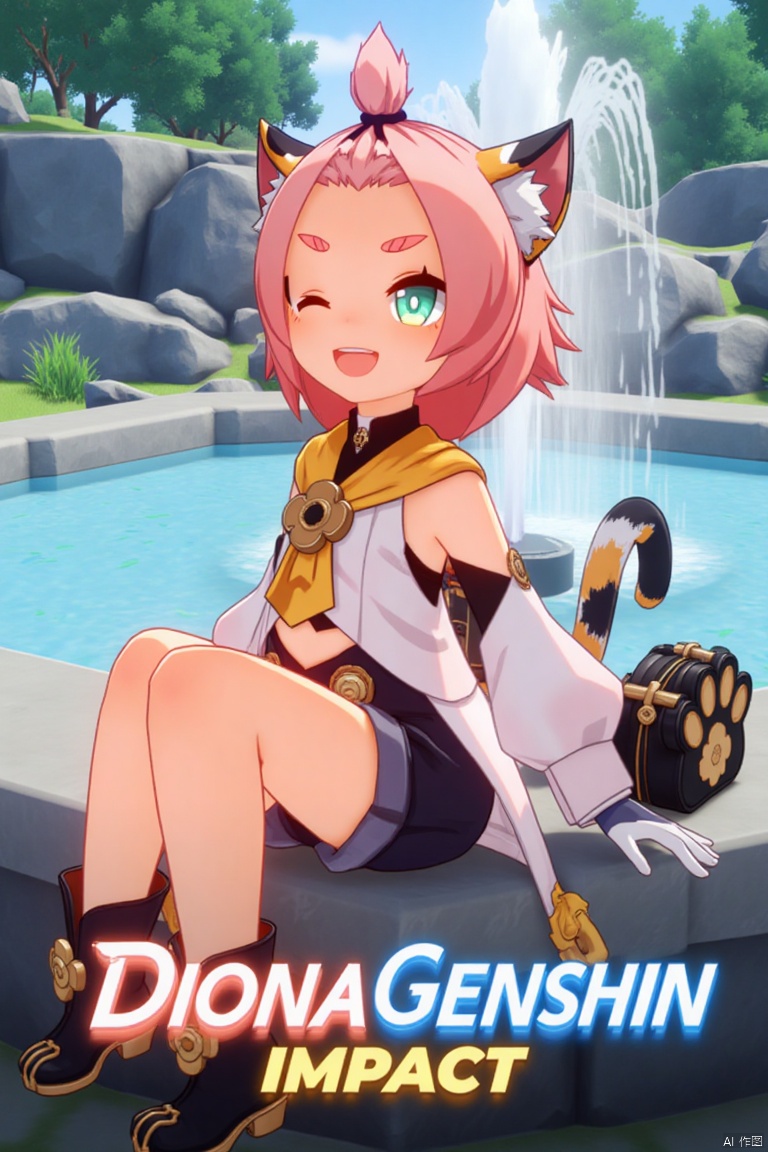 1girl, solo, looking at viewer, smiling with open mouth, short pink hair with bangs pinned back, green eyes, one eye closed, thick eyebrows, cat ears with animal ear fluff, cat tail, sitting outdoors near a fountain, wearing black shorts, puffy shorts, detached sleeves, white gloves, black boots, holding a bag with paw print, surrounded by a tree, cinematic lighting, dynamic composition, movie poster style, three-dimensional text AGlong in the middle below, featuring Diona (Genshin Impact) theme.