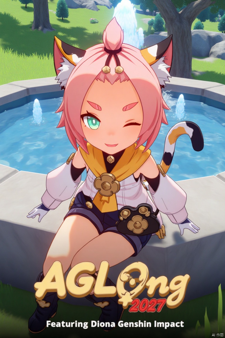 1girl, solo, looking at viewer, smiling with open mouth, short pink hair with bangs pinned back, green eyes, one eye closed, thick eyebrows, cat ears with animal ear fluff, cat tail, sitting outdoors near a fountain, wearing black shorts, puffy shorts, detached sleeves, white gloves, black boots, holding a bag with paw print, surrounded by a tree, cinematic lighting, dynamic composition, movie poster style, three-dimensional text AGlong in the middle below, featuring Diona (Genshin Impact) theme.