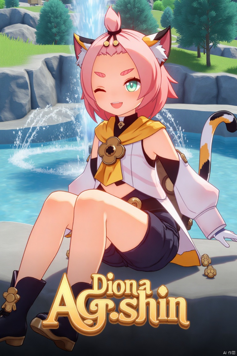 1girl, solo, looking at viewer, smiling with open mouth, short pink hair with bangs pinned back, green eyes, one eye closed, thick eyebrows, cat ears with animal ear fluff, cat tail, sitting outdoors near a fountain, wearing black shorts, puffy shorts, detached sleeves, white gloves, black boots, holding a bag with paw print, surrounded by a tree, cinematic lighting, dynamic composition, movie poster style, three-dimensional text AGlong in the middle below, featuring Diona (Genshin Impact) theme.