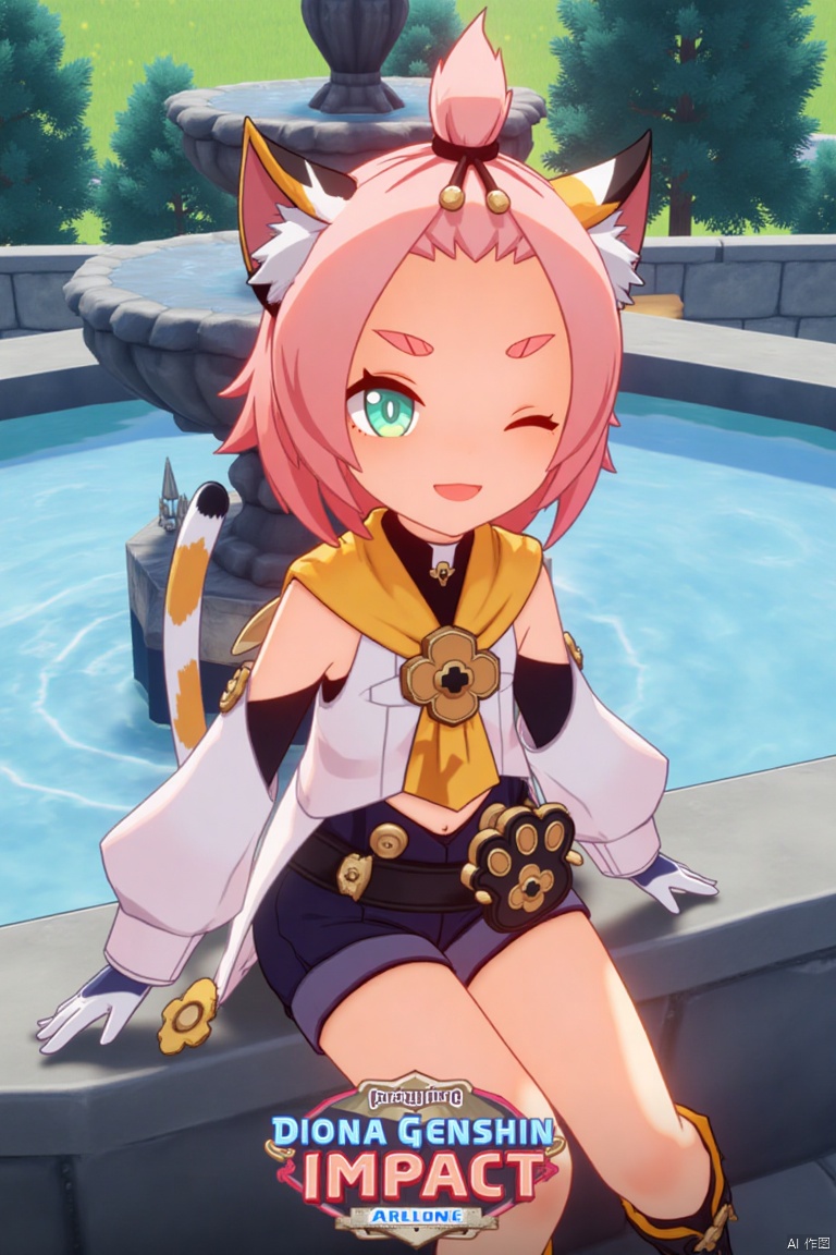 1girl, solo, looking at viewer, smiling with open mouth, short pink hair with bangs pinned back, green eyes, one eye closed, thick eyebrows, cat ears with animal ear fluff, cat tail, sitting outdoors near a fountain, wearing black shorts, puffy shorts, detached sleeves, white gloves, black boots, holding a bag with paw print, surrounded by a tree, cinematic lighting, dynamic composition, movie poster style, three-dimensional text AGlong in the middle below, featuring Diona (Genshin Impact) theme.