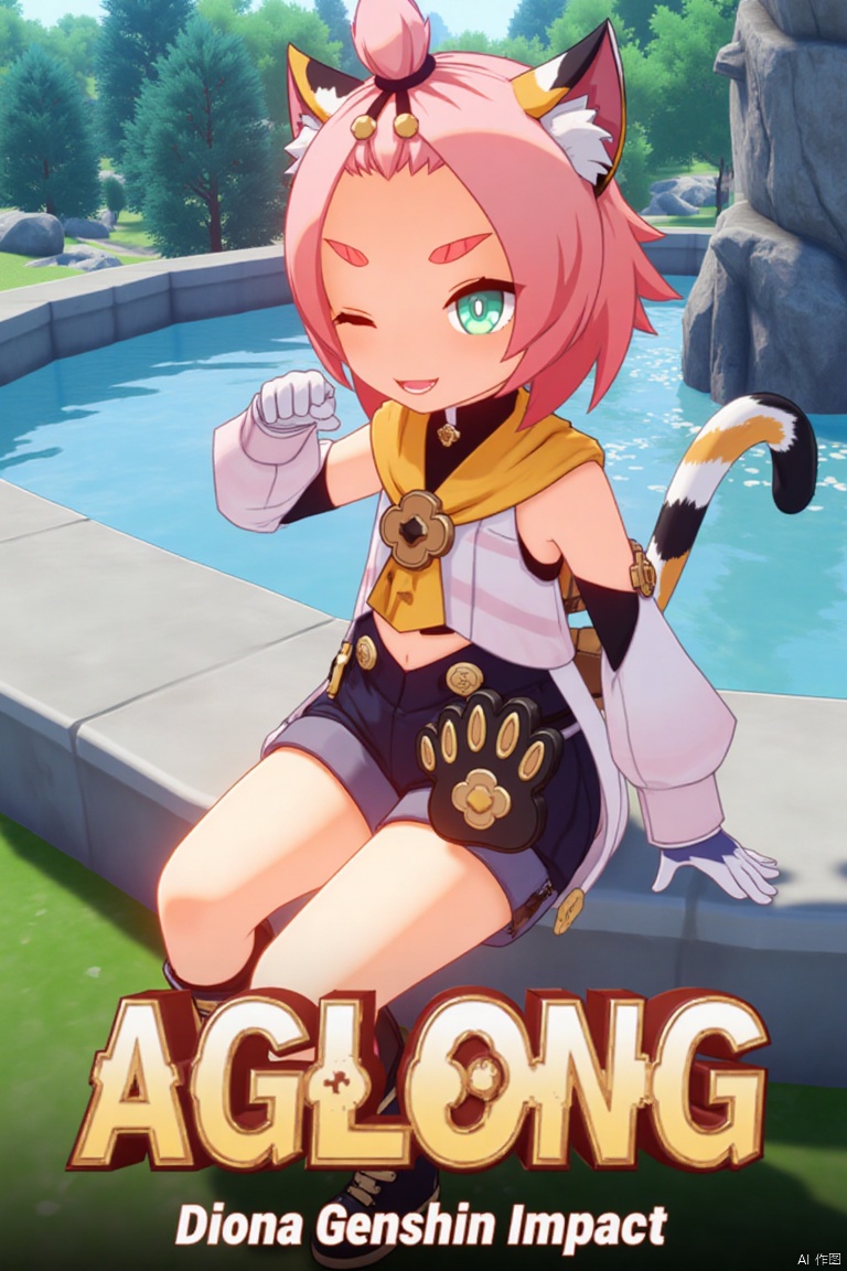1girl, solo, looking at viewer, smiling with open mouth, short pink hair with bangs pinned back, green eyes, one eye closed, thick eyebrows, cat ears with animal ear fluff, cat tail, sitting outdoors near a fountain, wearing black shorts, puffy shorts, detached sleeves, white gloves, black boots, holding a bag with paw print, surrounded by a tree, cinematic lighting, dynamic composition, movie poster style, three-dimensional text AGlong in the middle below, featuring Diona (Genshin Impact) theme.