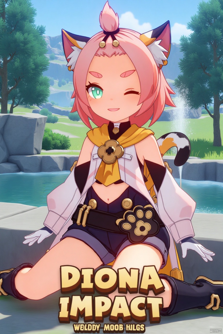 1girl, solo, looking at viewer, smiling with open mouth, short pink hair with bangs pinned back, green eyes, one eye closed, thick eyebrows, cat ears with animal ear fluff, cat tail, sitting outdoors near a fountain, wearing black shorts, puffy shorts, detached sleeves, white gloves, black boots, holding a bag with paw print, surrounded by a tree, cinematic lighting, dynamic composition, movie poster style, three-dimensional text AGlong in the middle below, featuring Diona (Genshin Impact) theme.