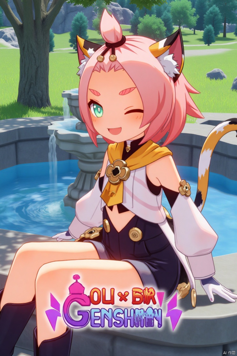 1girl, solo, looking at viewer, smiling with open mouth, short pink hair with bangs pinned back, green eyes, one eye closed, thick eyebrows, cat ears with animal ear fluff, cat tail, sitting outdoors near a fountain, wearing black shorts, puffy shorts, detached sleeves, white gloves, black boots, holding a bag with paw print, surrounded by a tree, cinematic lighting, dynamic composition, movie poster style, three-dimensional text AGlong in the middle below, featuring Diona (Genshin Impact) theme.