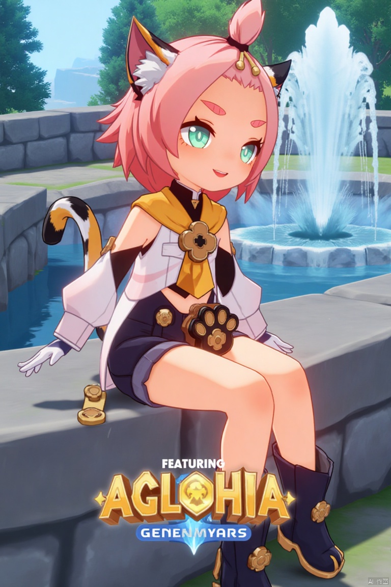 1girl, solo, looking at viewer, smiling with open mouth, short pink hair with bangs pinned back, green eyes, one eye closed, thick eyebrows, cat ears with animal ear fluff, cat tail, sitting outdoors near a fountain, wearing black shorts, puffy shorts, detached sleeves, white gloves, black boots, holding a bag with paw print, surrounded by a tree, cinematic lighting, dynamic composition, movie poster style, three-dimensional text AGlong in the middle below, featuring Diona (Genshin Impact) theme.