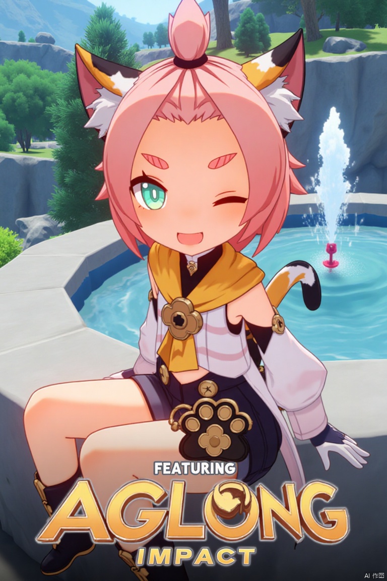 1girl, solo, looking at viewer, smiling with open mouth, short pink hair with bangs pinned back, green eyes, one eye closed, thick eyebrows, cat ears with animal ear fluff, cat tail, sitting outdoors near a fountain, wearing black shorts, puffy shorts, detached sleeves, white gloves, black boots, holding a bag with paw print, surrounded by a tree, cinematic lighting, dynamic composition, movie poster style, three-dimensional text AGlong in the middle below, featuring Diona (Genshin Impact) theme.