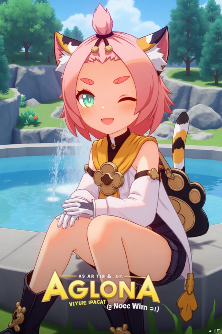 1girl, solo, looking at viewer, smiling with open mouth, short pink hair with bangs pinned back, green eyes, one eye closed, thick eyebrows, cat ears with animal ear fluff, cat tail, sitting outdoors near a fountain, wearing black shorts, puffy shorts, detached sleeves, white gloves, black boots, holding a bag with paw print, surrounded by a tree, cinematic lighting, dynamic composition, movie poster style, three-dimensional text AGlong in the middle below, featuring Diona (Genshin Impact) theme.