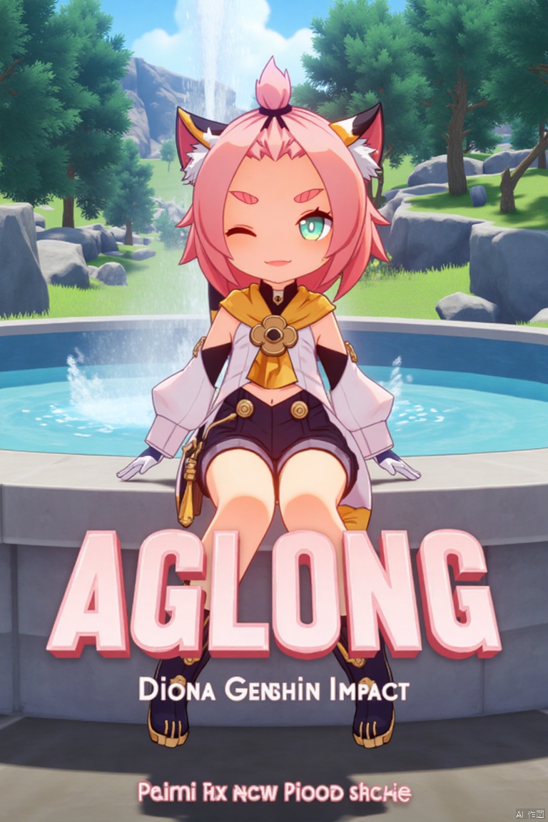 1girl, solo, looking at viewer, smiling with open mouth, short pink hair with bangs pinned back, green eyes, one eye closed, thick eyebrows, cat ears with animal ear fluff, cat tail, sitting outdoors near a fountain, wearing black shorts, puffy shorts, detached sleeves, white gloves, black boots, holding a bag with paw print, surrounded by a tree, cinematic lighting, dynamic composition, movie poster style, three-dimensional text AGlong in the middle below, featuring Diona (Genshin Impact) theme.