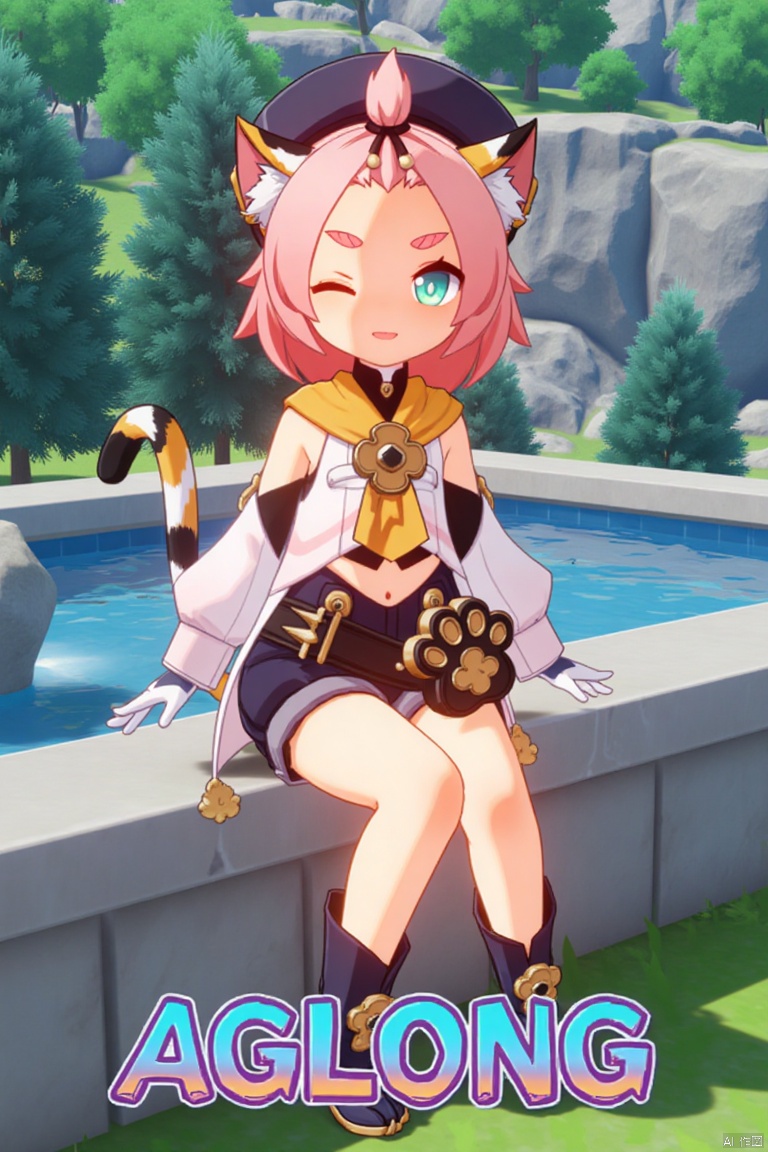 1girl, solo, looking at viewer with a smile, short pink hair, one eye closed, open mouth, green eyes, sitting outdoors near a fountain, wearing detached sleeves, black shorts, puffy shorts, white gloves, boots, hat, navel exposed, cat ears, cat tail, animal ear fluff, paw print, bangs pinned back, holding a bag, thick eyebrows, surrounded by a tree, cat girl theme, inspired by Diona (Genshin Impact). Movie poster style with three-dimensional text AGlong in the middle below, featuring a dynamic composition, cinematic lighting, and vibrant colors.