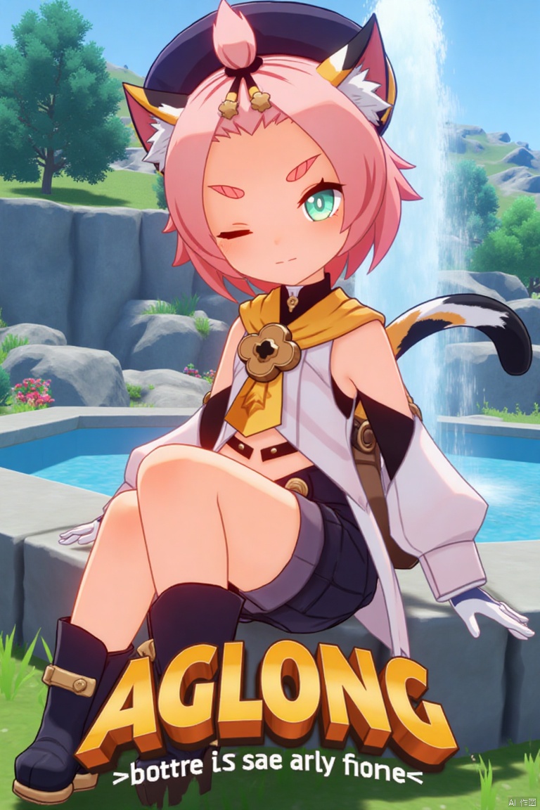 1girl, solo, looking at viewer with a smile, short pink hair, one eye closed, open mouth, green eyes, sitting outdoors near a fountain, wearing detached sleeves, black shorts, puffy shorts, white gloves, boots, hat, navel exposed, cat ears, cat tail, animal ear fluff, paw print, bangs pinned back, holding a bag, thick eyebrows, surrounded by a tree, cat girl theme, inspired by Diona (Genshin Impact). Movie poster style with three-dimensional text AGlong in the middle below, featuring a dynamic composition, cinematic lighting, and vibrant colors.