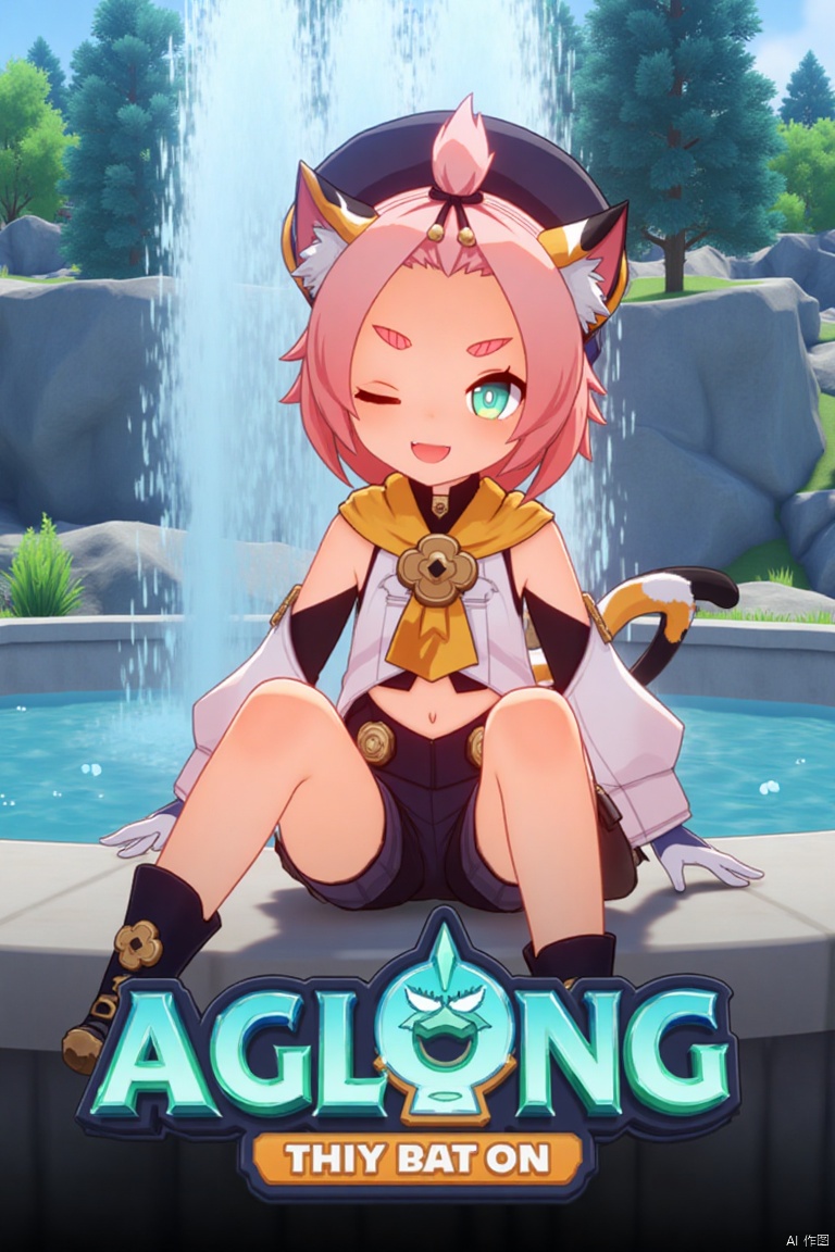 1girl, solo, looking at viewer with a smile, short pink hair, one eye closed, open mouth, green eyes, sitting outdoors near a fountain, wearing detached sleeves, black shorts, puffy shorts, white gloves, boots, hat, navel exposed, cat ears, cat tail, animal ear fluff, paw print, bangs pinned back, holding a bag, thick eyebrows, surrounded by a tree, cat girl theme, inspired by Diona (Genshin Impact). Movie poster style with three-dimensional text AGlong in the middle below, featuring a dynamic composition, cinematic lighting, and vibrant colors.