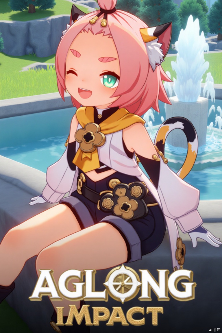 1girl, solo, looking at viewer, smiling with open mouth, short pink hair with bangs pinned back, green eyes, one eye closed, thick eyebrows, cat ears with animal ear fluff, cat tail, sitting outdoors near a fountain, wearing black shorts, puffy shorts, detached sleeves, white gloves, black boots, holding a bag with paw print, surrounded by a tree, cinematic lighting, dynamic composition, movie poster style, three-dimensional text AGlong in the middle below, featuring Diona (Genshin Impact) theme.