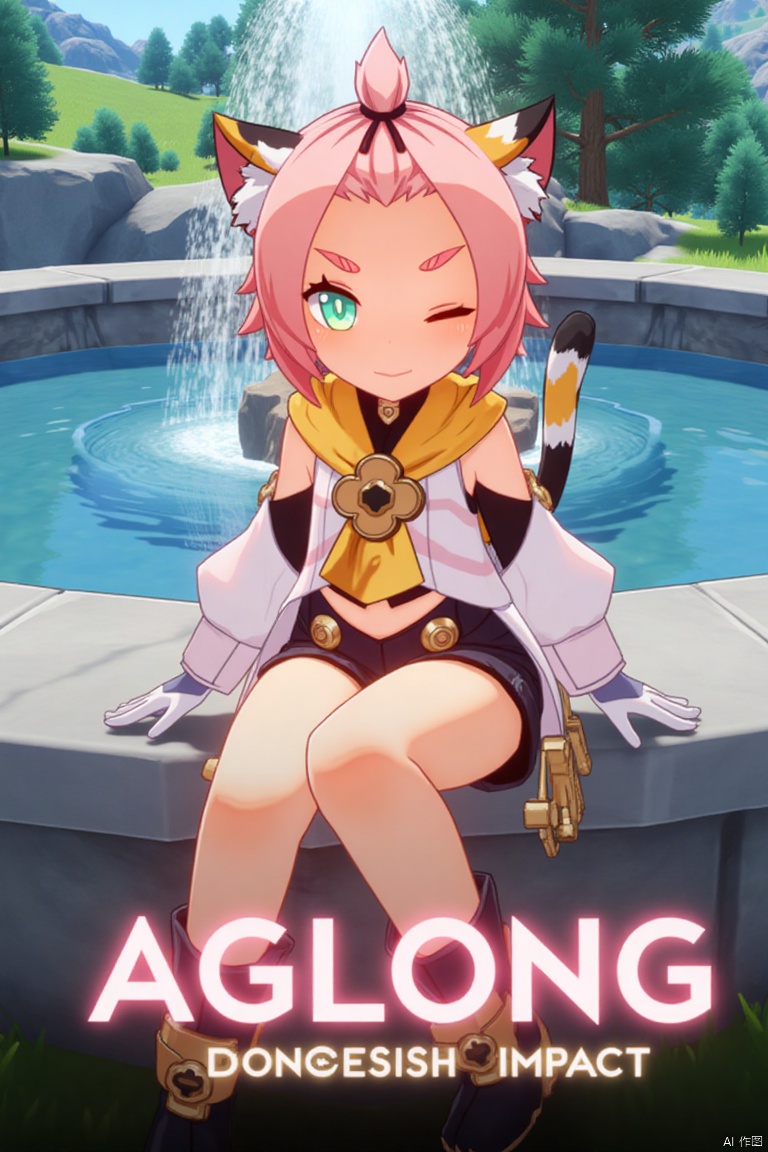 1girl, solo, looking at viewer, smiling with open mouth, short pink hair with bangs pinned back, green eyes, one eye closed, thick eyebrows, cat ears with animal ear fluff, cat tail, sitting outdoors near a fountain, wearing black shorts, puffy shorts, detached sleeves, white gloves, black boots, holding a bag with paw print, surrounded by a tree, cinematic lighting, dynamic composition, movie poster style, three-dimensional text AGlong in the middle below, featuring Diona (Genshin Impact) theme.