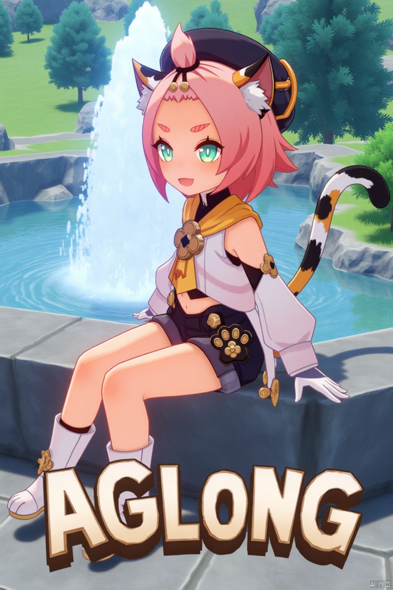 1girl, solo, looking at viewer with a smile, short pink hair, open mouth, green eyes, sitting outdoors near a fountain, wearing detached sleeves, black shorts, puffy shorts, white gloves, boots, hat, navel exposed, cat ears, cat tail, animal ear fluff, paw print, bangs pinned back, holding a bag, thick eyebrows, surrounded by a tree. Movie poster style with three-dimensional text AGlong in the middle below, featuring a dynamic composition, cinematic lighting, vibrant colors, and a cat girl theme inspired by Diona (Genshin Impact).
