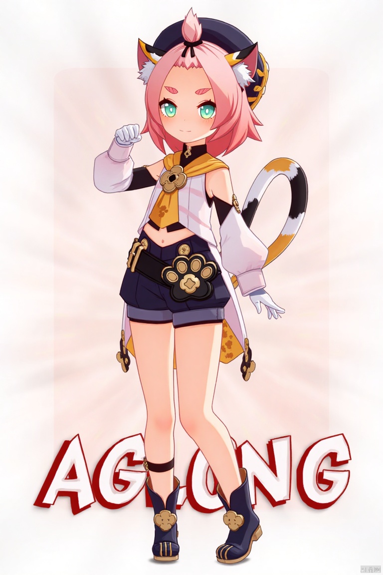 1girl, solo, looking at viewer with a smile, short pink hair, green eyes, standing full body, wearing long sleeves, black shorts, puffy shorts, puffy detached sleeves, white gloves, boots, hat, belt, navel exposed, cat ears, cat tail, animal ear fluff, paw print, bangs pinned back, holding a bow (weapon), thick eyebrows, calico pattern, cat girl theme, inspired by Diona (Genshin Impact). Movie poster style with three-dimensional text AGlong in the middle below, featuring a dynamic composition, cinematic lighting, vibrant colors, and a focus on the character's pose and weapon.