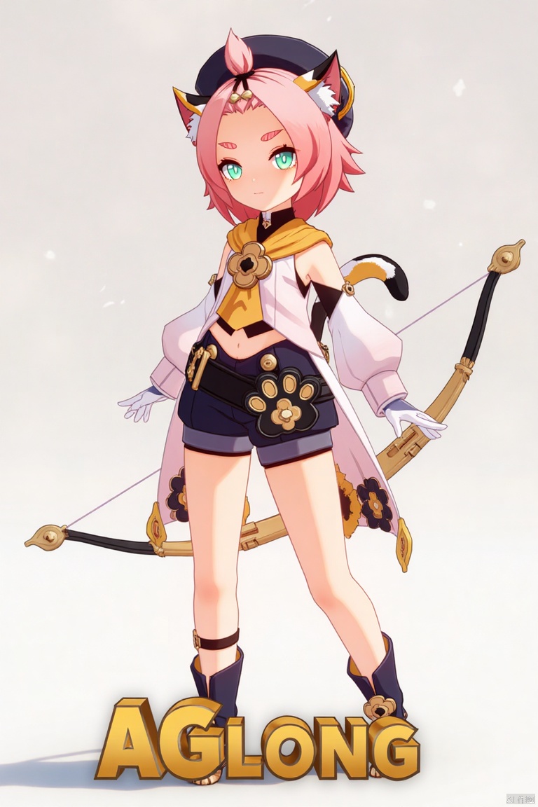 1girl, solo, looking at viewer with a smile, short pink hair, green eyes, standing full body, wearing long sleeves, black shorts, puffy shorts, puffy detached sleeves, white gloves, boots, hat, belt, navel exposed, cat ears, cat tail, animal ear fluff, paw print, bangs pinned back, holding a bow (weapon), thick eyebrows, calico pattern, cat girl theme, inspired by Diona (Genshin Impact). Movie poster style with three-dimensional text AGlong in the middle below, featuring a dynamic composition, cinematic lighting, vibrant colors, and a focus on the character's pose and weapon.