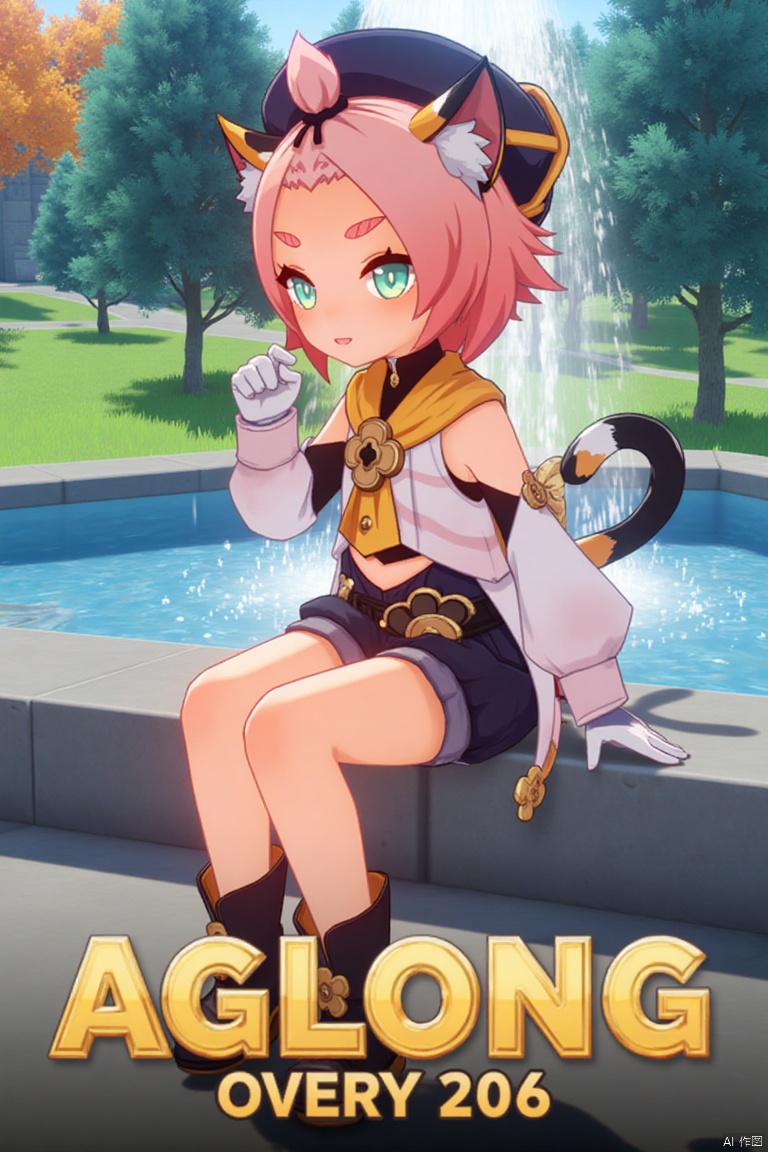1girl, solo, looking at viewer with a smile, short pink hair, one eye closed, open mouth, green eyes, sitting outdoors near a fountain, wearing detached sleeves, black shorts, puffy shorts, white gloves, boots, hat, navel exposed, cat ears, cat tail, animal ear fluff, paw print, bangs pinned back, holding a bag, thick eyebrows, surrounded by a tree, cat girl theme, inspired by Diona (Genshin Impact). Movie poster style with three-dimensional text AGlong in the middle below, featuring a dynamic composition, cinematic lighting, and vibrant colors.
