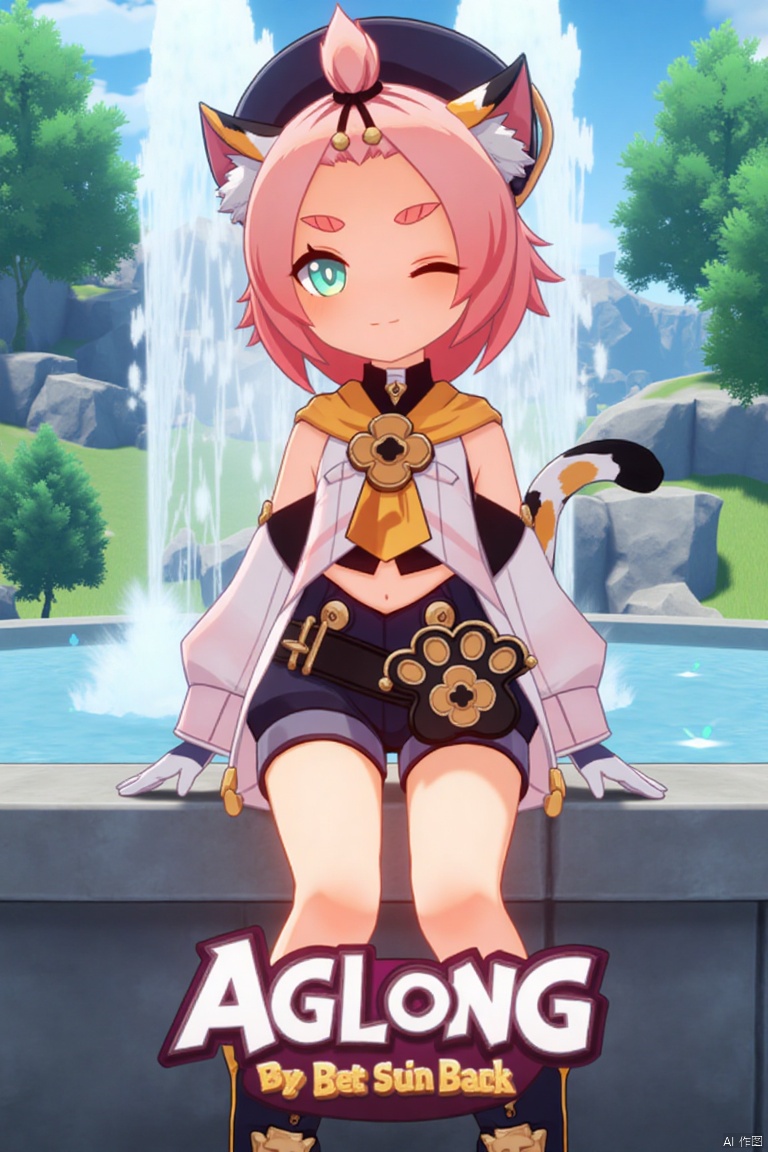1girl, solo, looking at viewer with a smile, short pink hair, one eye closed, open mouth, green eyes, sitting outdoors near a fountain, wearing detached sleeves, black shorts, puffy shorts, white gloves, boots, hat, navel exposed, cat ears, cat tail, animal ear fluff, paw print, bangs pinned back, holding a bag, thick eyebrows, surrounded by a tree, cat girl theme, inspired by Diona (Genshin Impact). Movie poster style with three-dimensional text AGlong in the middle below, featuring a dynamic composition, cinematic lighting, and vibrant colors.